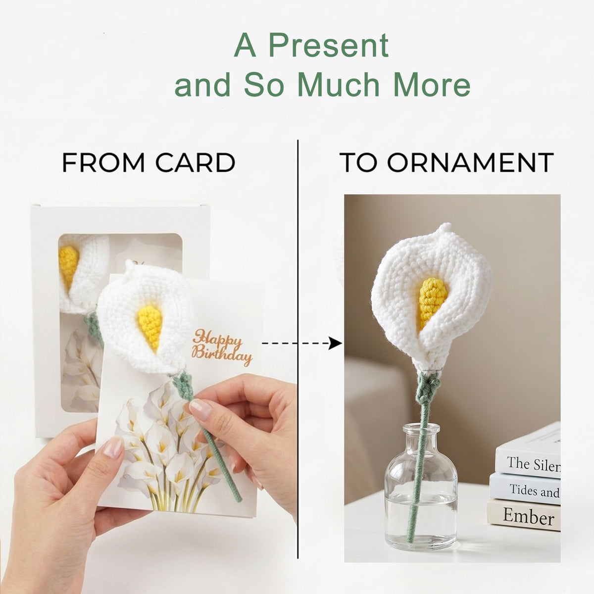 Crochet Calla Lily Birthday Card with Gift Box, Handmade Knitted Flower Greeting Card with Detachable Desk Ornament & Adjustable Stem, Elegant Pop Up Birthday Gifts for Mom, Women, Teacher,Grandma, Sister,Girls,Friends