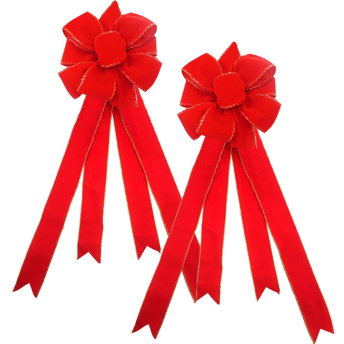 Christmas Large Bows 2 Pcs - Gold Wired Red Velvet Bows with Long Tails for Wreath Floral, Christmas Tree Topper, Outdoor Bowknot for Wedding Birthday Party Red Bow for Car Garden Festive Décor