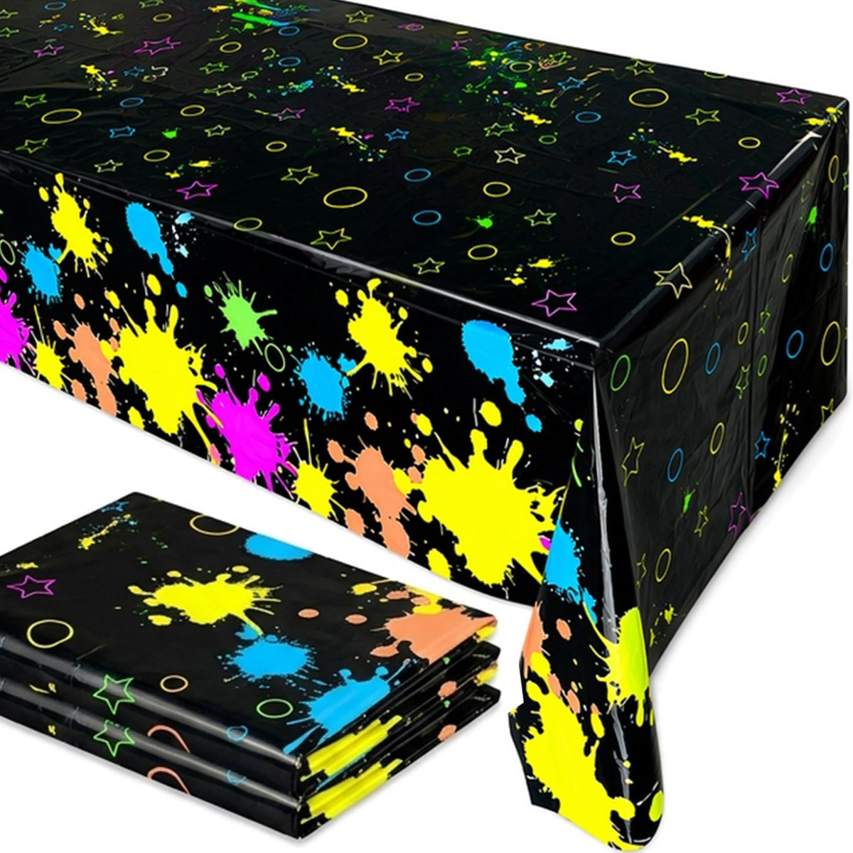 2 Pack Neon Paint Splatter Glow in the Dark Plastic Tablecloth 54x108 Inch