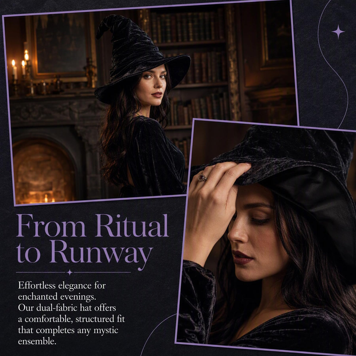 15.8 Inch Ruched Halloween Black Velvet Witch Hat for Women Girls