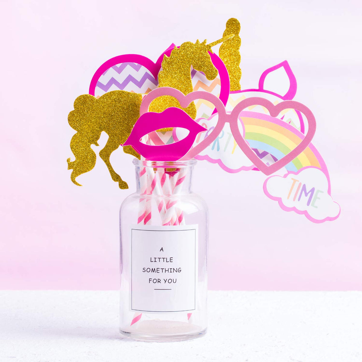 Glittery Pink and Gold Unicorn Photo Booth Props-12 PCS Fully Assembled