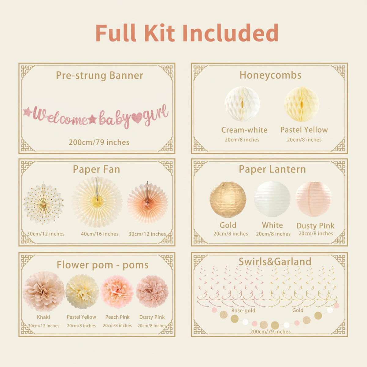 Champagne-Gold Welcome Baby Girl Party Decorations Kit-26 Piece- Glittery Banner,Peach and Cream Yellow Color Scheme Paper Decorations, Girl Baby Shower 1st Birthday Party Supplies