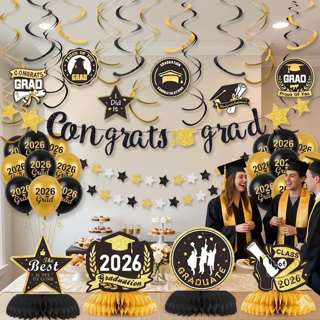 2026 Graduation Decorations,Congrats Grad Banner (Assembled) Gradutaion Centerpieces Grad Swirls with Black Gold Silver Star Garland, Class of 2026 Party Decorations,High School College
