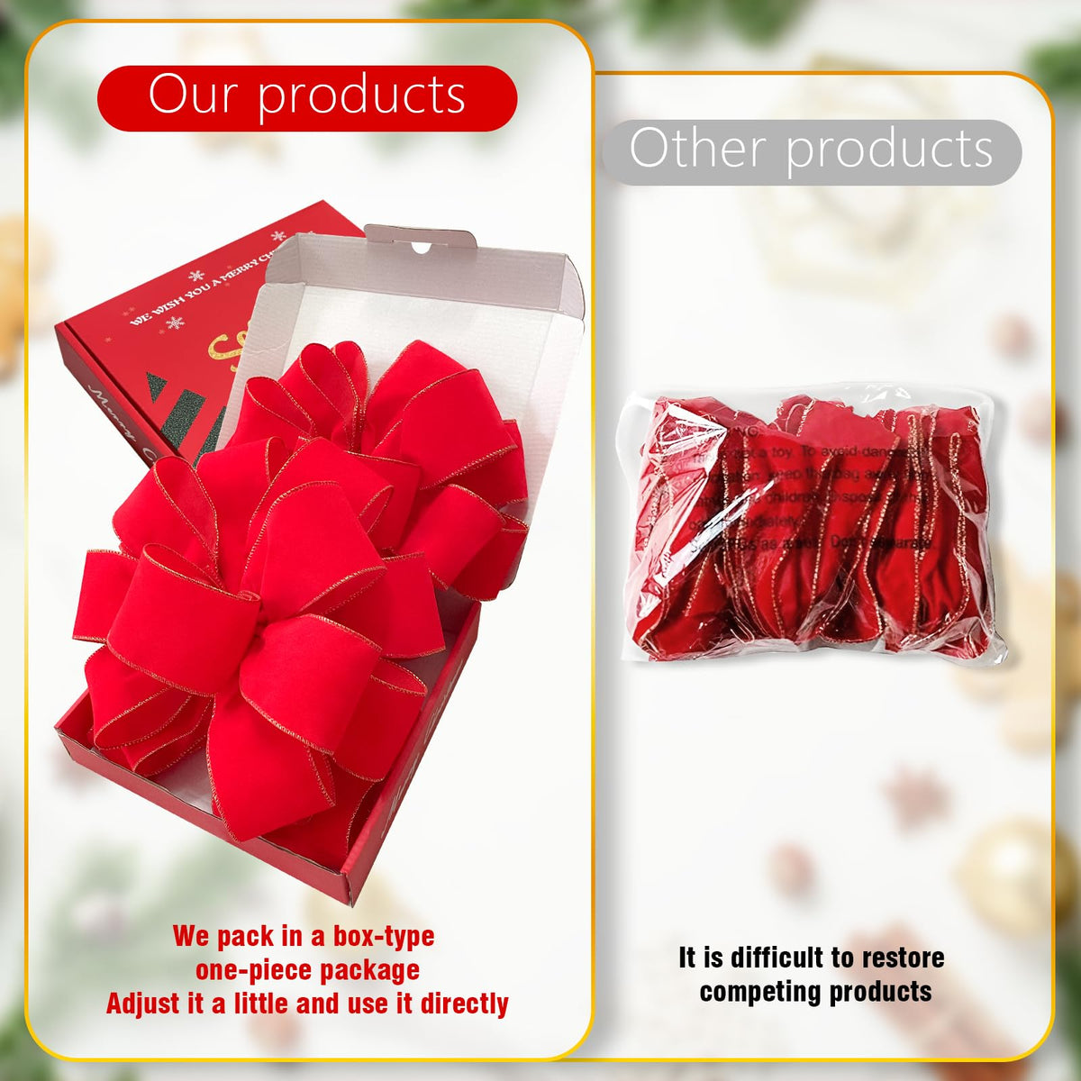 2pcs 24-Inch Velvet Red Bows for Christmas Tree, Handmade Christmas Bow Tree Topper-Gold Wire-Fluffy Sturdy Shape-Retaining, Gift Boxed & Ready-to-Use for Wreath Floral Fireplace Outdoor Car Garden