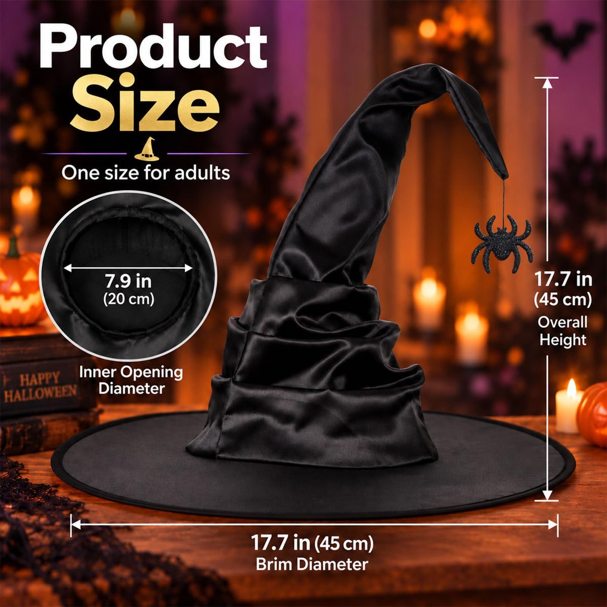 Black Witch Hat for Adults with Spider, Satin Halloween Costume Hat