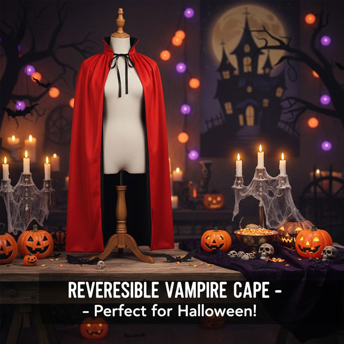 Kids Reversible Vampire Cape Halloween Cloak Red & Black Thickened Collar