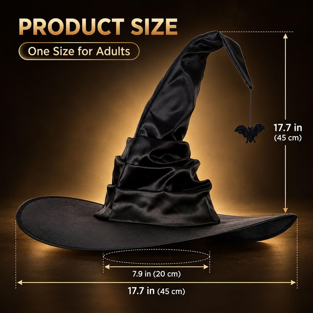 Black Witch Hat for Adults with Bat, 16”Satin Halloween Costume Hat