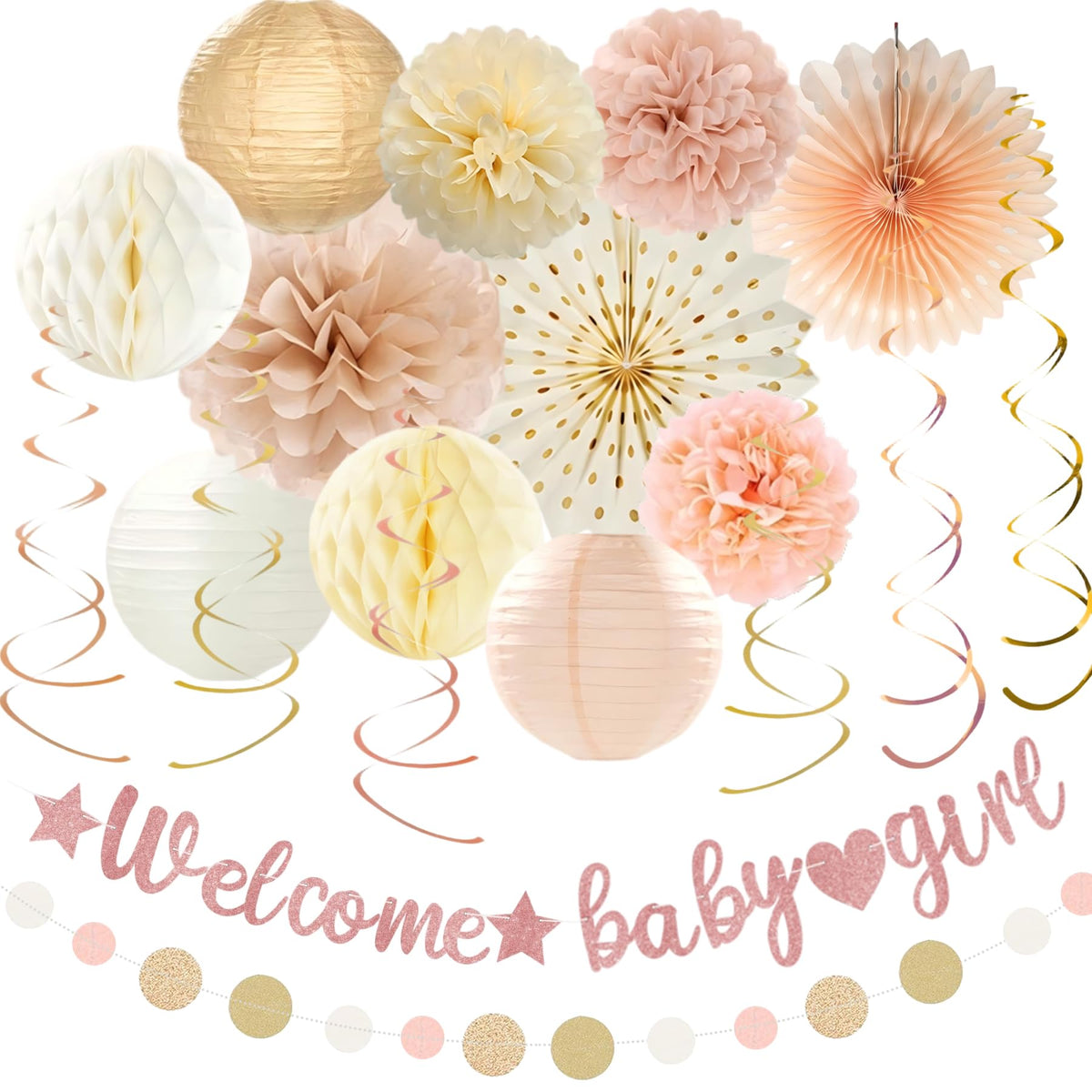 Champagne-Gold Welcome Baby Girl Party Decorations Kit-26 Piece- Glittery Banner,Peach and Cream Yellow Color Scheme Paper Decorations, Girl Baby Shower 1st Birthday Party Supplies