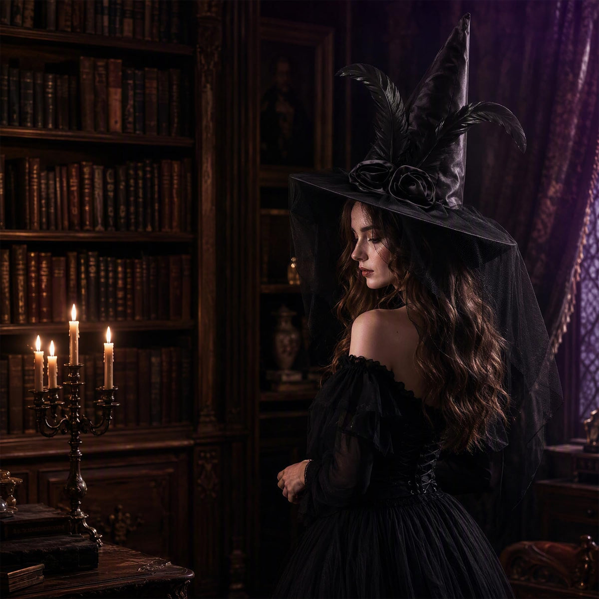 Halloween Black Witch Hat for Women with Elegant Flower Veil Feathers
