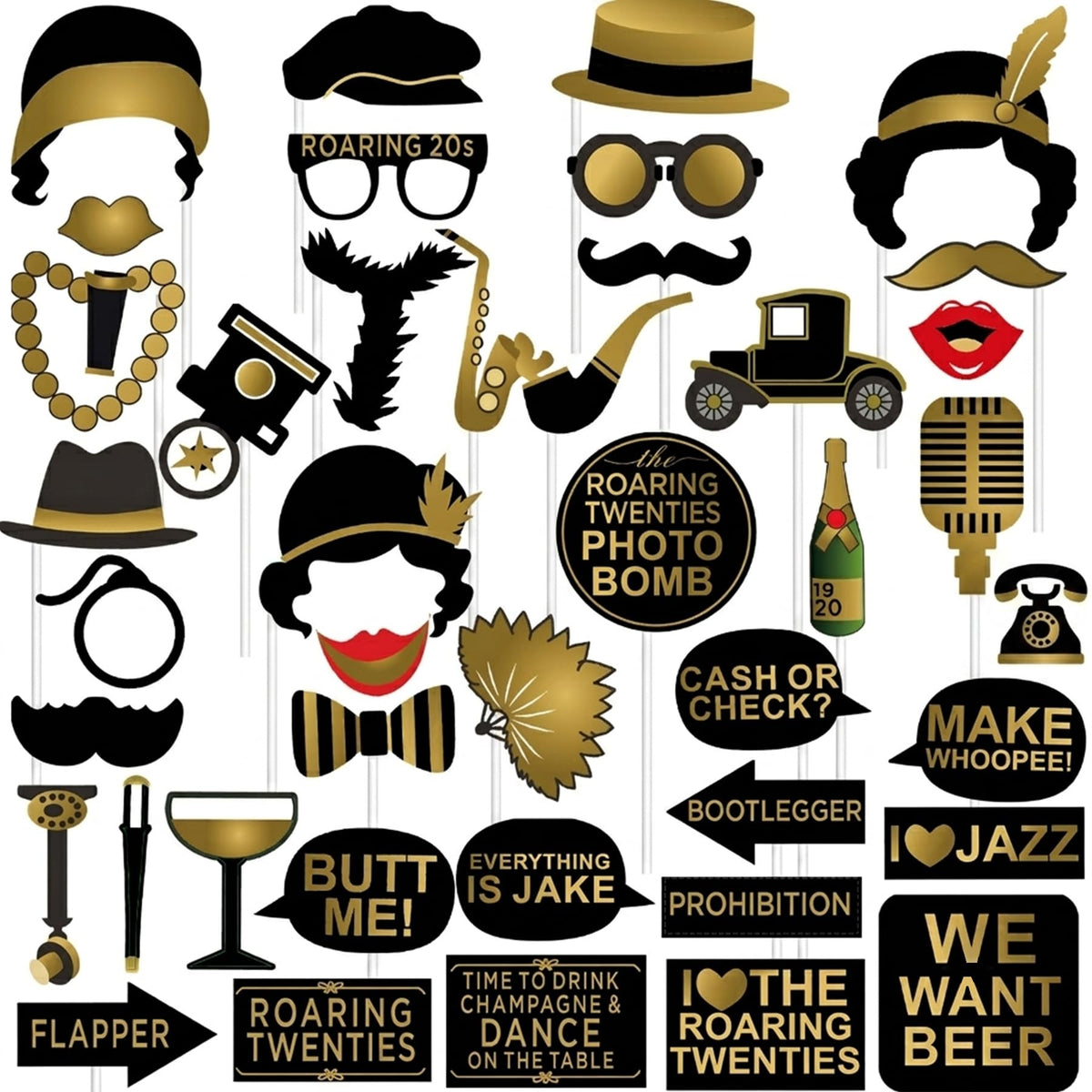 Roaring 1920's Party Photo Booth Props Kit 42pcs, 20s Party Decorations