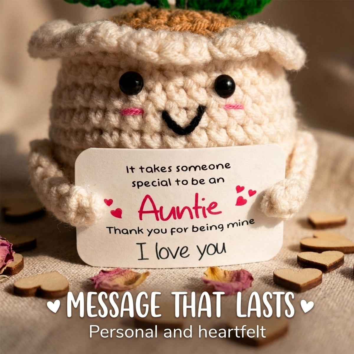 Handmade Emotional Support Crochet Sunflower, Cute Amigurumi Flower Decor with Appreciation Card, Sentimental Gifts for Auntie from Niece or Nephew, Birthday Mother's Day Thank You Gift for Aunt