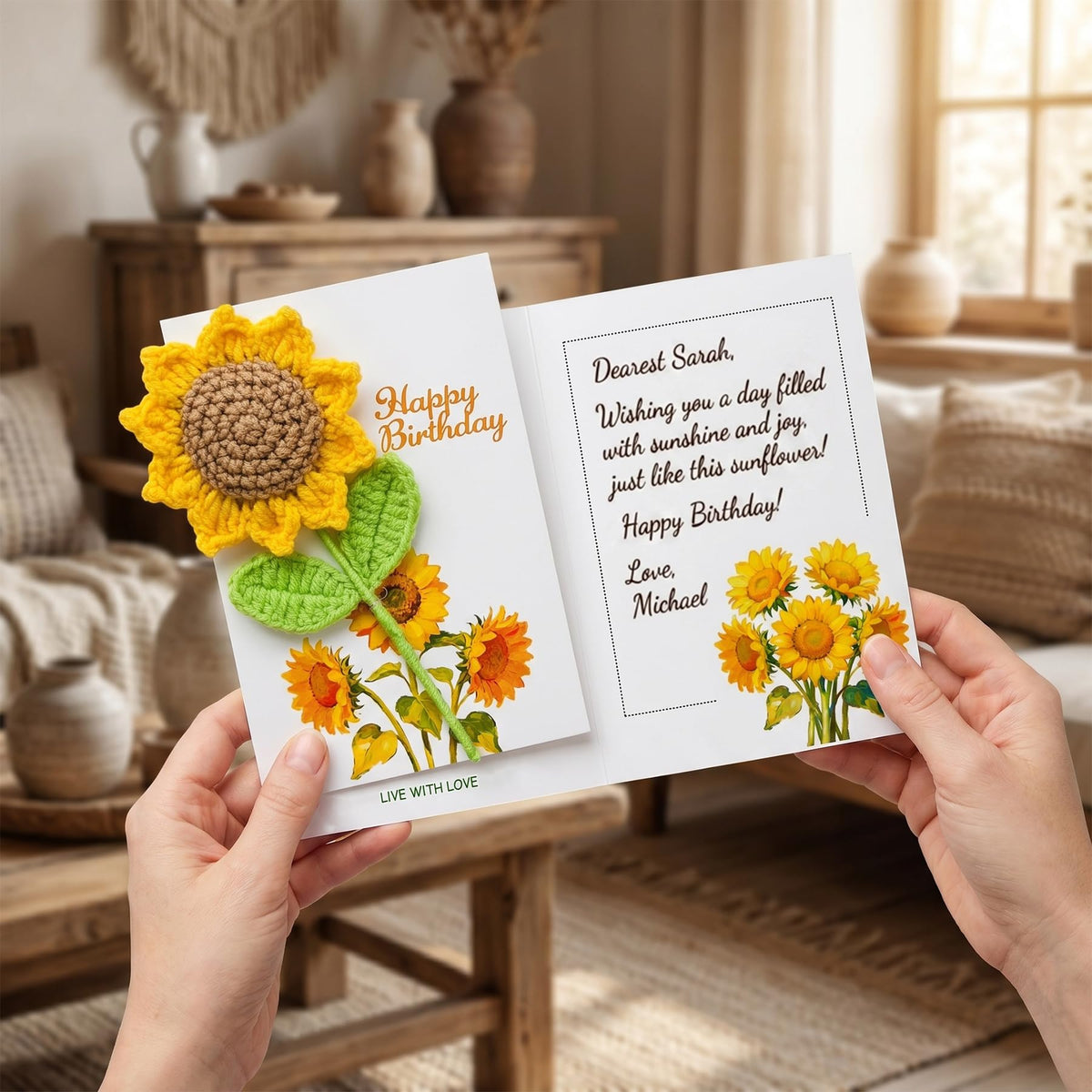 Crochet Sunflower Birthday Card with Gift Box, Handmade Knitted Flower Greeting Card with Detachable Desk Ornament, Unique Pop Up Birthday Gifts for Women, Mom, Grandma, Sister,Girls,Friends