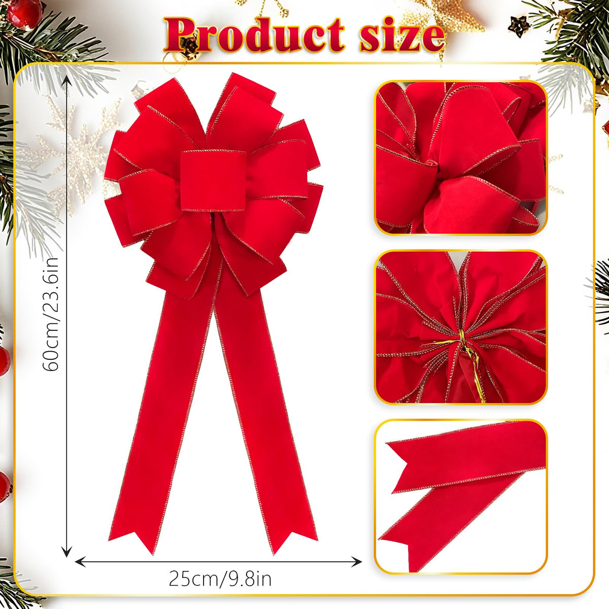 2pcs 24-Inch Velvet Red Bows for Christmas Tree, Handmade Christmas Bow Tree Topper-Gold Wire-Fluffy Sturdy Shape-Retaining, Gift Boxed & Ready-to-Use for Wreath Floral Fireplace Outdoor Car Garden