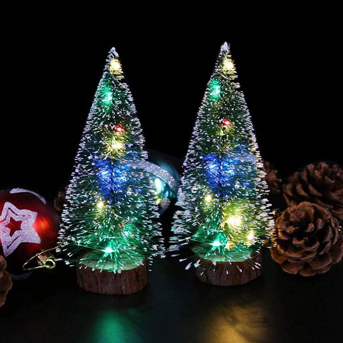 Artificial Mini Christmas Tree, Tabletop Pre-Lit Snow Frosted Xmas Tree with Wooden Bases, Best DIY Christmas Decorations for Office Table Home Xmas Holiday Party