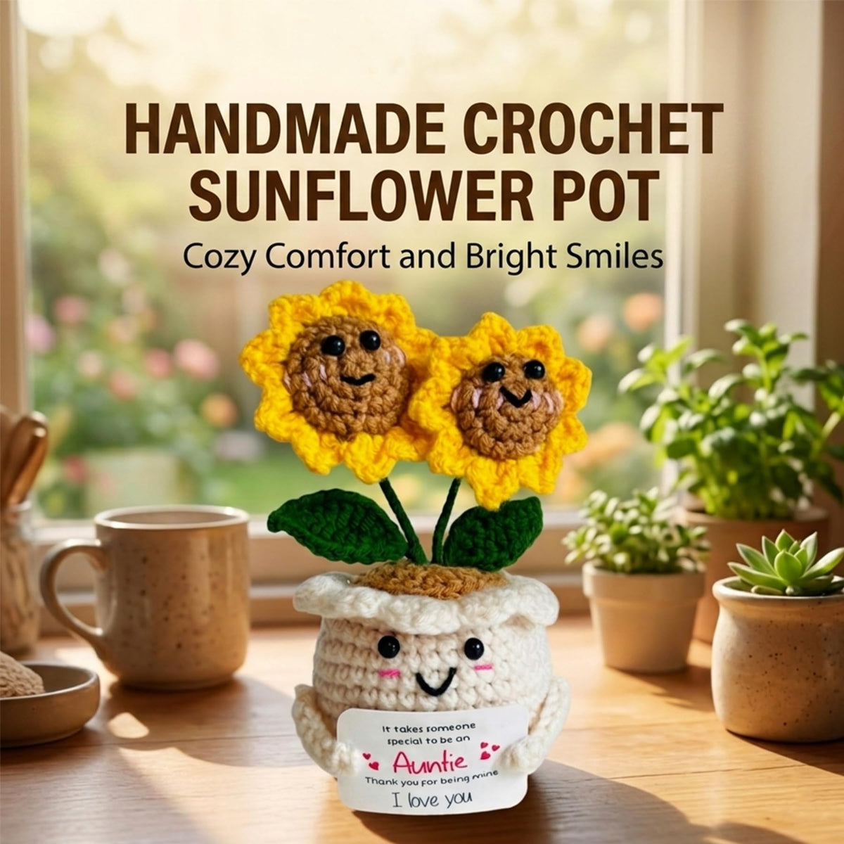 Handmade Emotional Support Crochet Sunflower, Cute Amigurumi Flower Decor with Appreciation Card, Sentimental Gifts for Auntie from Niece or Nephew, Birthday Mother's Day Thank You Gift for Aunt