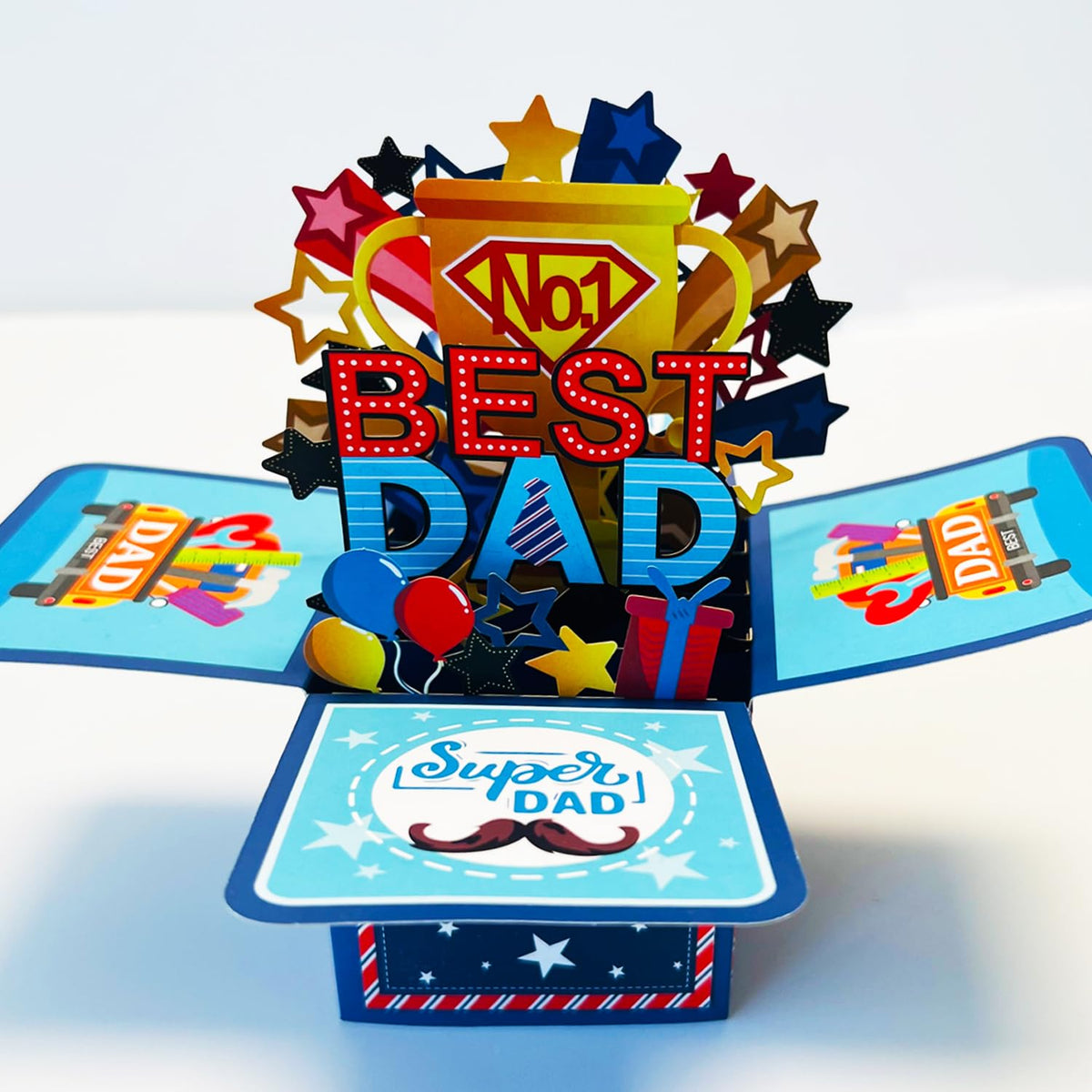 Seasons Stars SSDecor Best Dad Pop Up Card Father's Day Card, 3D Popup Greeting Card, Handmade Box Greeting Cards with Note Card and Envelope for Happy Fathers Day Dad Birthday Gift
