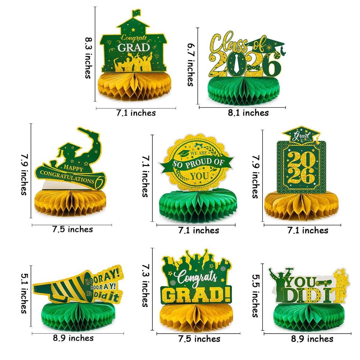 8 Pcs Green and Gold Graduation Honeycomb Centerpieces 2026 - Class of 2026 Graduation Decorations for Tables - Congrats Grad Table Toppers, Paper Centerpieces for High School College Party Supplies