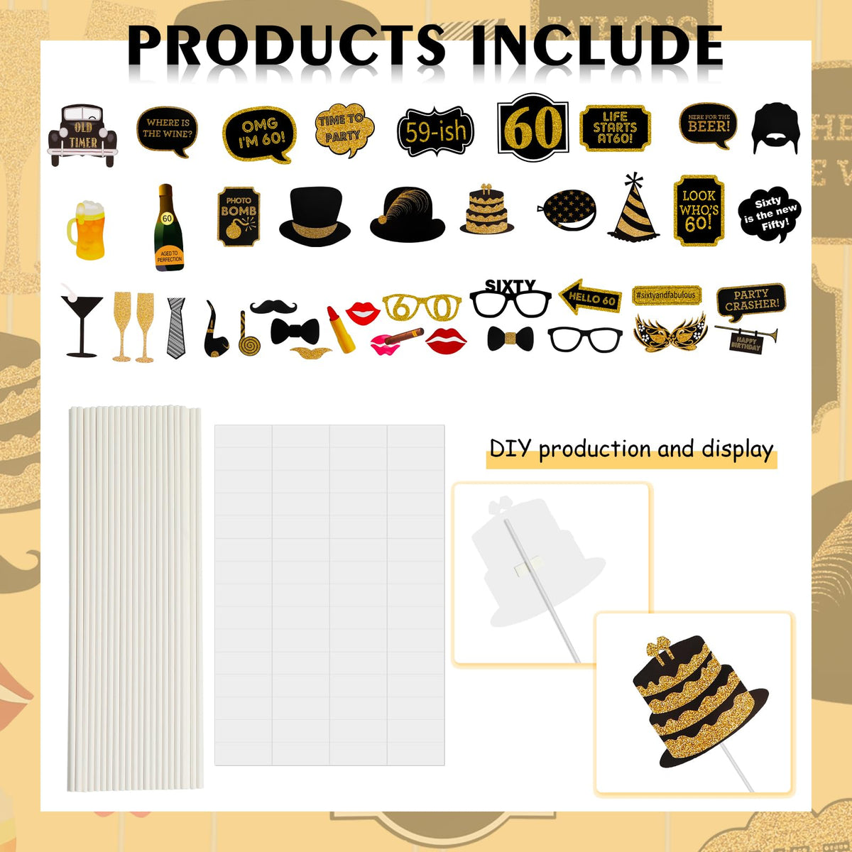 60th Birthday Photo Booth Props - 41 Pcs Black and Gold 60 Birthday Party Decorations for Men Women, Funny Birthday Photo Props with Sticks, Milestone Birthday Party Supplies, Cheers to 60 Years