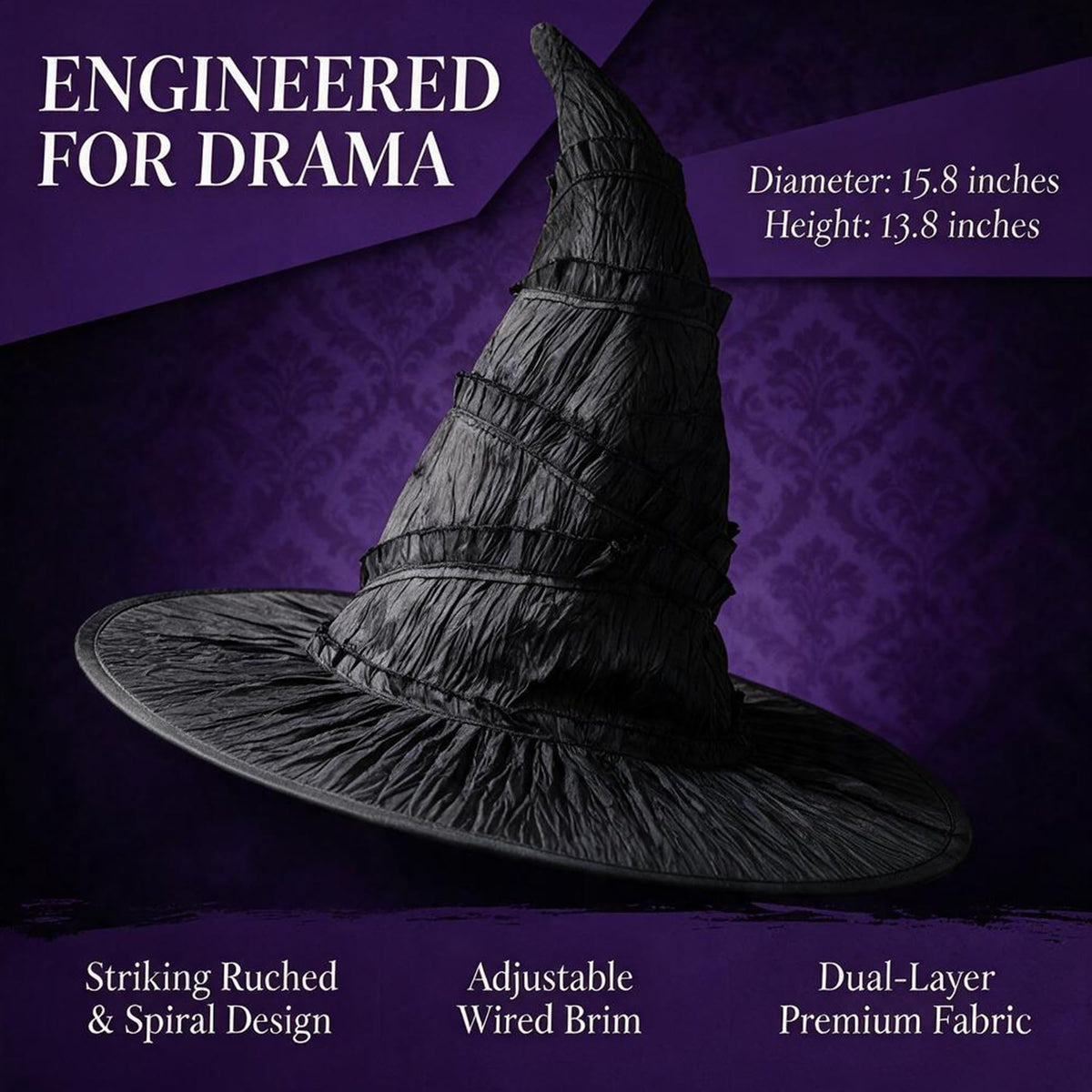 15.8" Halloween Black Ruched Witch Hat for Women Girls Costume
