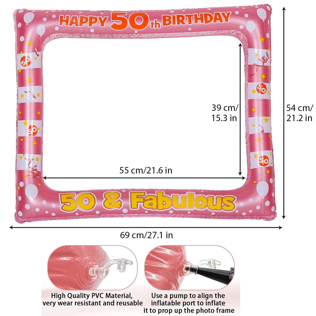 50th Birthday Inflatable Selfie Photo Frame with Photo Booth Props Set, 50 Birthday Party Selfie Props and Frame(21x27 Inches) for Pictures and Decorations Women’s 50th Birthday Party Supplies