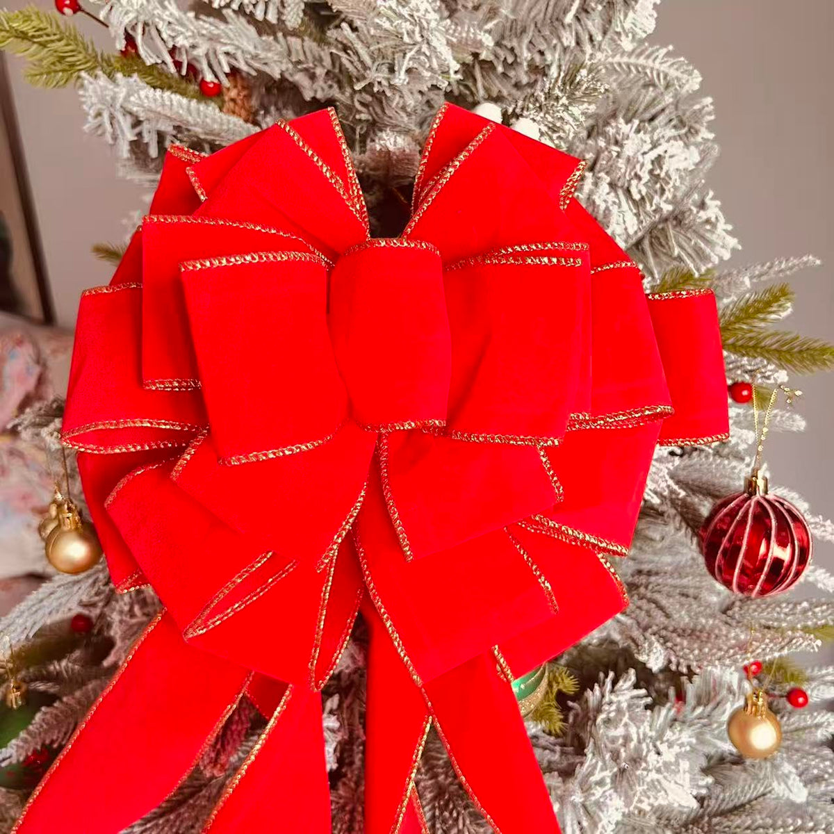Christmas Large Bows Gift Boxed, 45x12 Inches Gold Wired Red Velvet Bows with Long Tails for Wreath Floral, Christmas Tree Topper, Outside Red Bowknot for Wedding Car Garden Yard Front Door