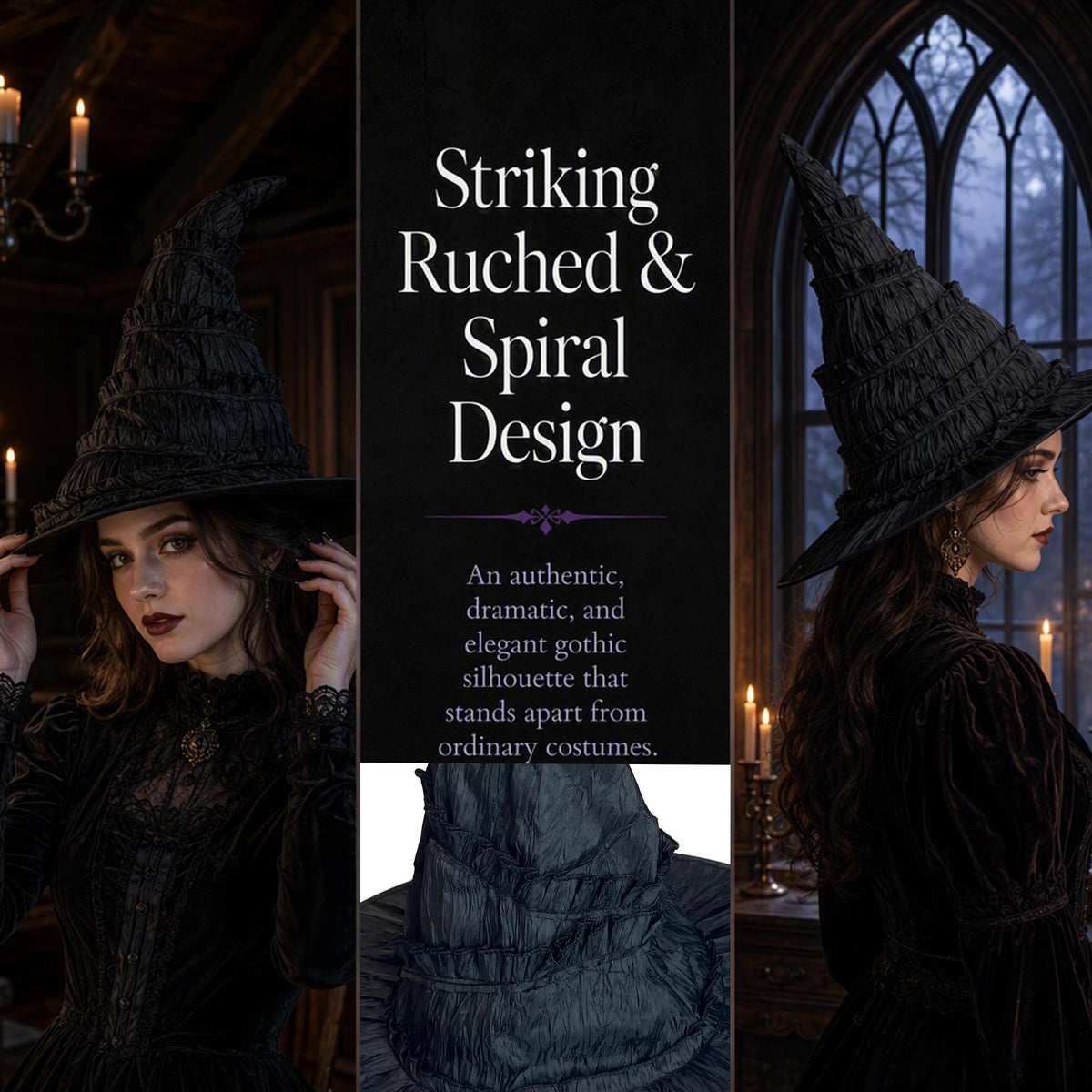 15.8" Halloween Black Ruched Witch Hat for Women Girls Costume
