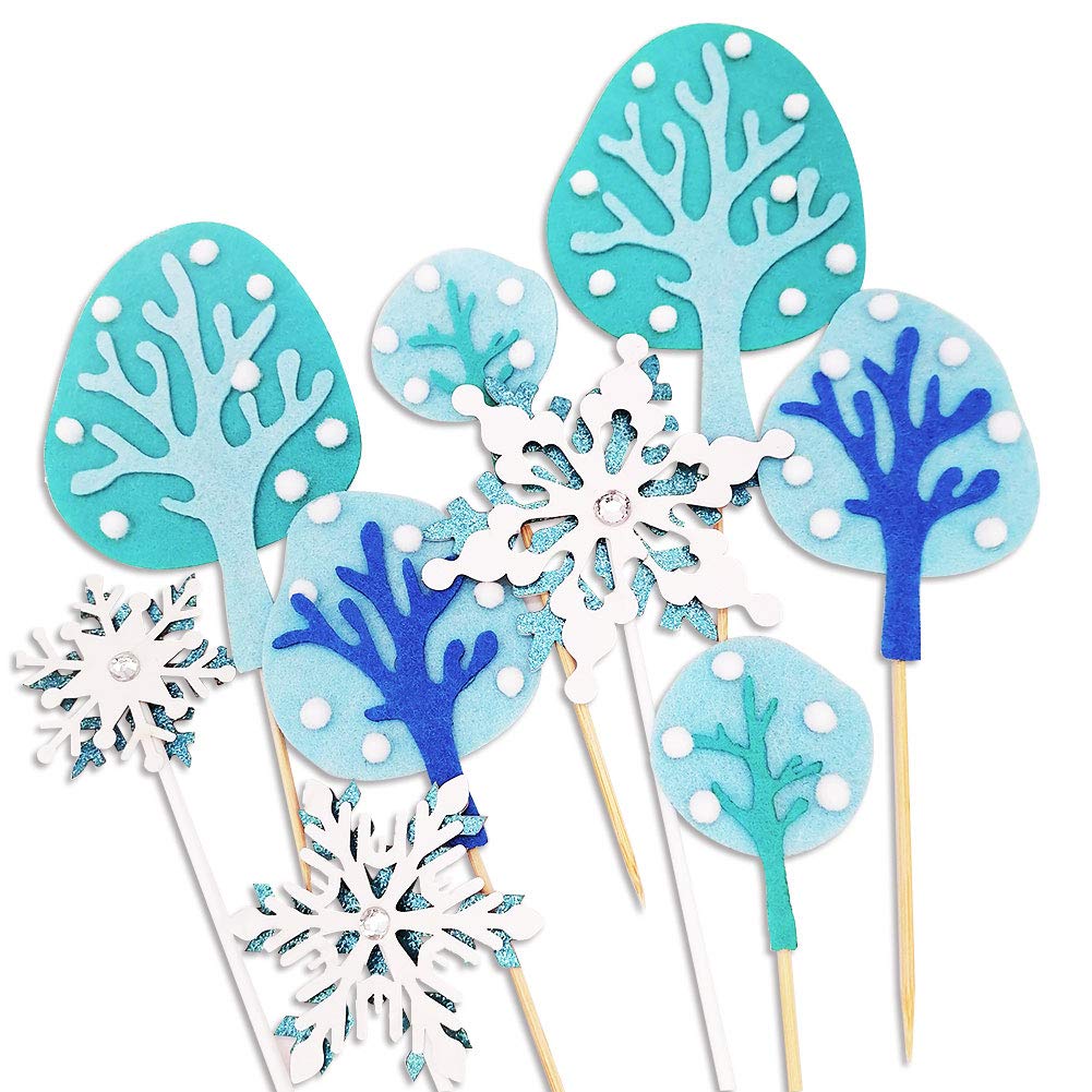 Winter Snowflake Woodland Snow Trees Cake Toppers, Handmade Frozen Theme Cake Decorations for Christmas, Birthday, Baby Shower Party, Kids Birthday Party Supplies