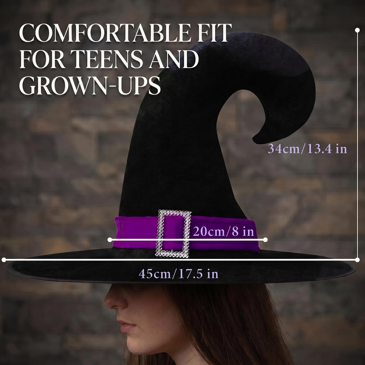 Halloween Black Velvet Witch Hat with Purple Band and Buckle