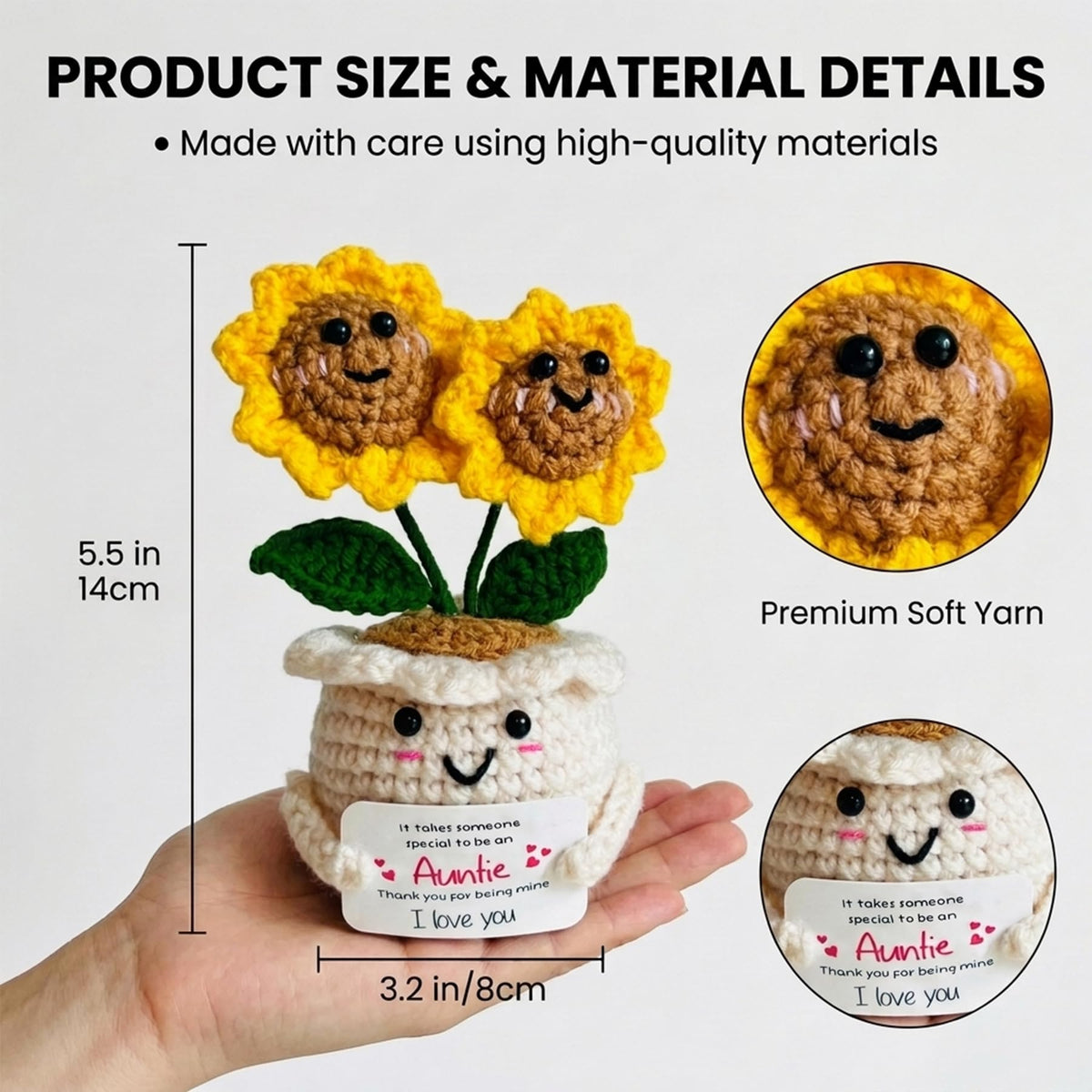Handmade Emotional Support Crochet Sunflower, Cute Amigurumi Flower Decor with Appreciation Card, Sentimental Gifts for Auntie from Niece or Nephew, Birthday Mother's Day Thank You Gift for Aunt