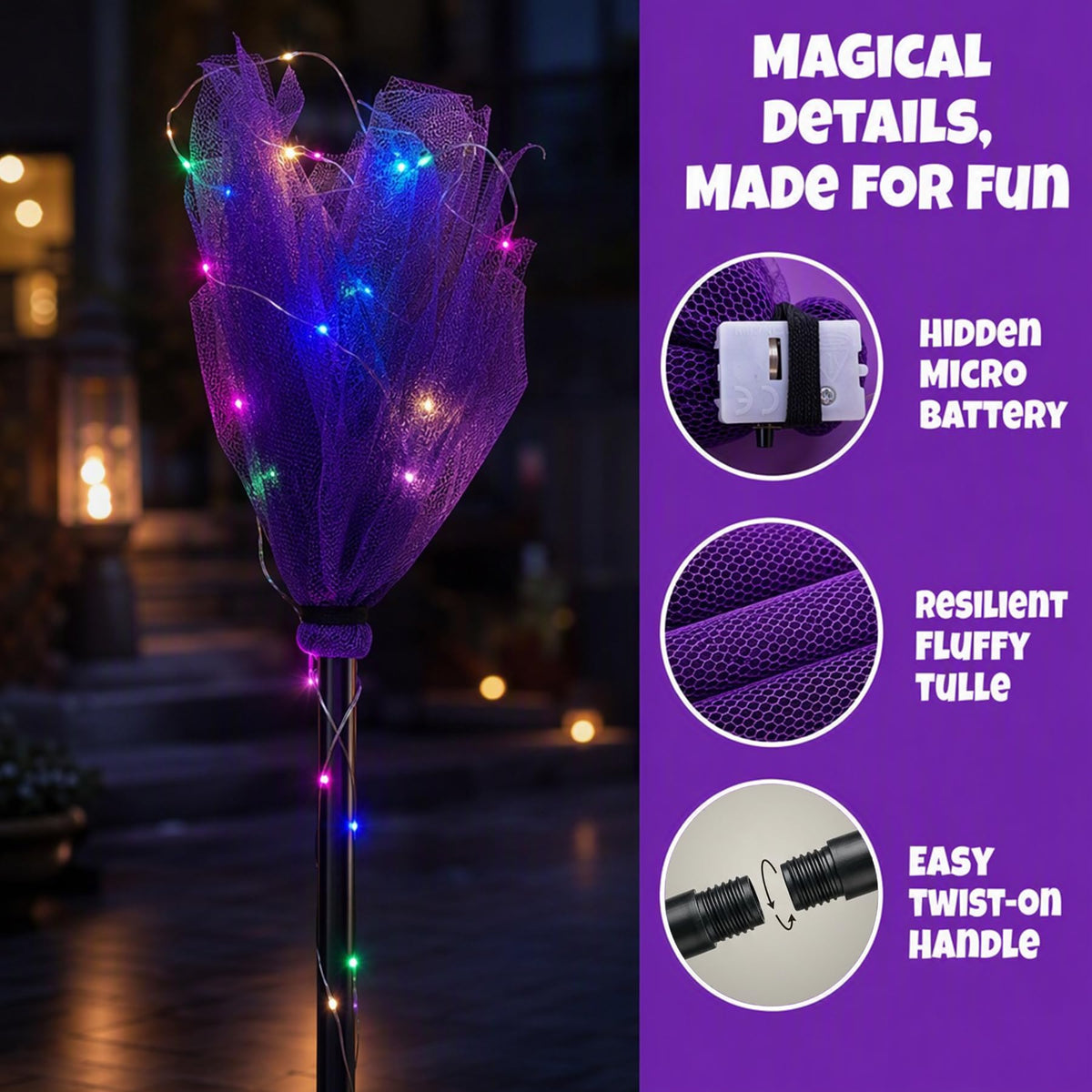 Light Up Witch Broom Halloween Prop Lighted Purple Tulle Broomstick for Kid