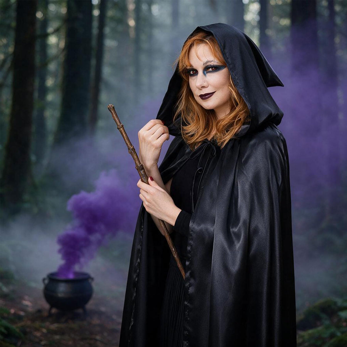 59" Halloween Black Hooded Cloak Full Length Satin Cape for Costume Cosplay