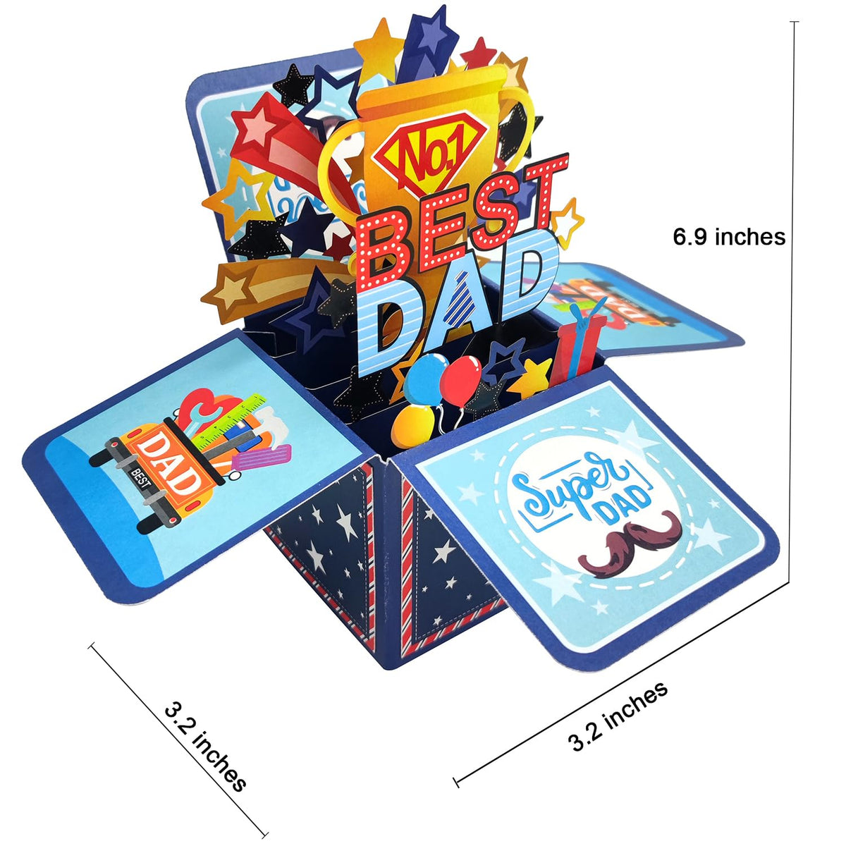 Seasons Stars SSDecor Best Dad Pop Up Card Father's Day Card, 3D Popup Greeting Card, Handmade Box Greeting Cards with Note Card and Envelope for Happy Fathers Day Dad Birthday Gift