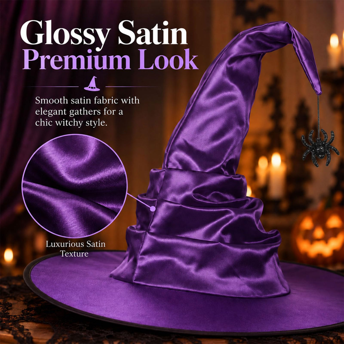 Purple Witch Hat for Adults with Spider, Satin Halloween Costume Hat