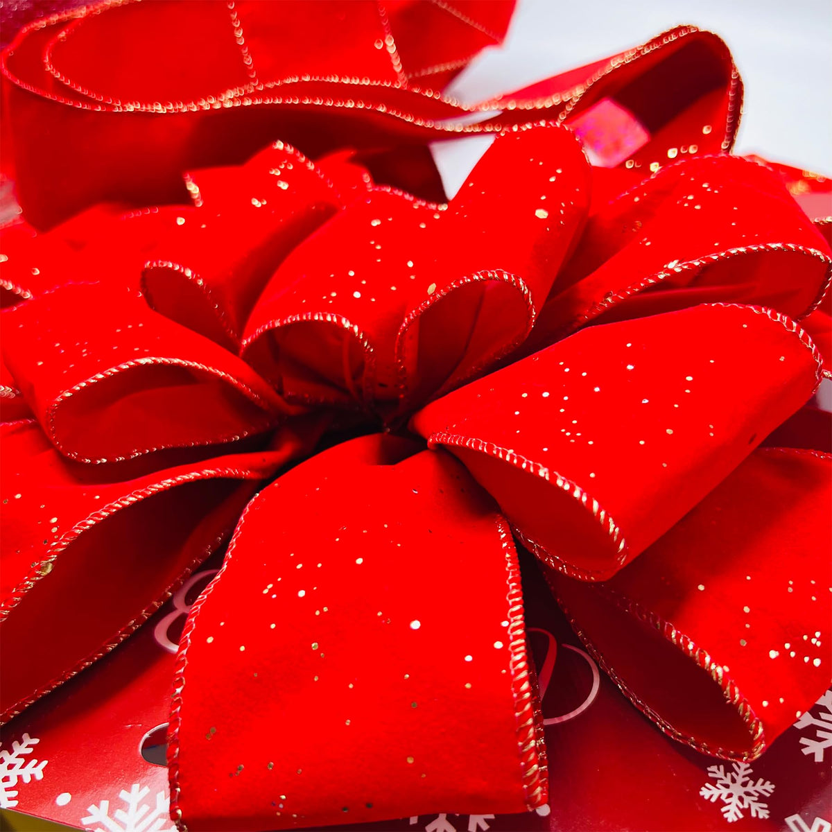 Christmas Jumbo Bows Gift Boxed, 52inches by 12 Inches Gold Wired Red Velvet Bows with Gold Confetti and Four Long Tails for Wreath Floral, Christmas Tree Topper, Outside Bowknot