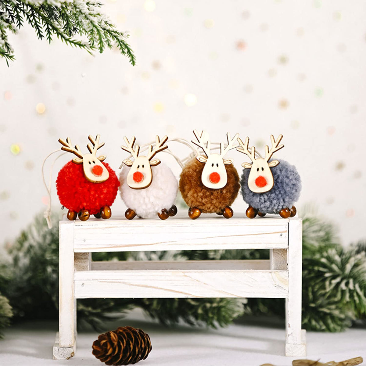 Christmas Ornaments 8Pcs Wool Reindeer Plush Elk Hanging Ornaments, Christmas Tree Deer Slices Pendants, Holiday Wooden Hanging Decorations for Xmas Party Indoor/Outdoor
