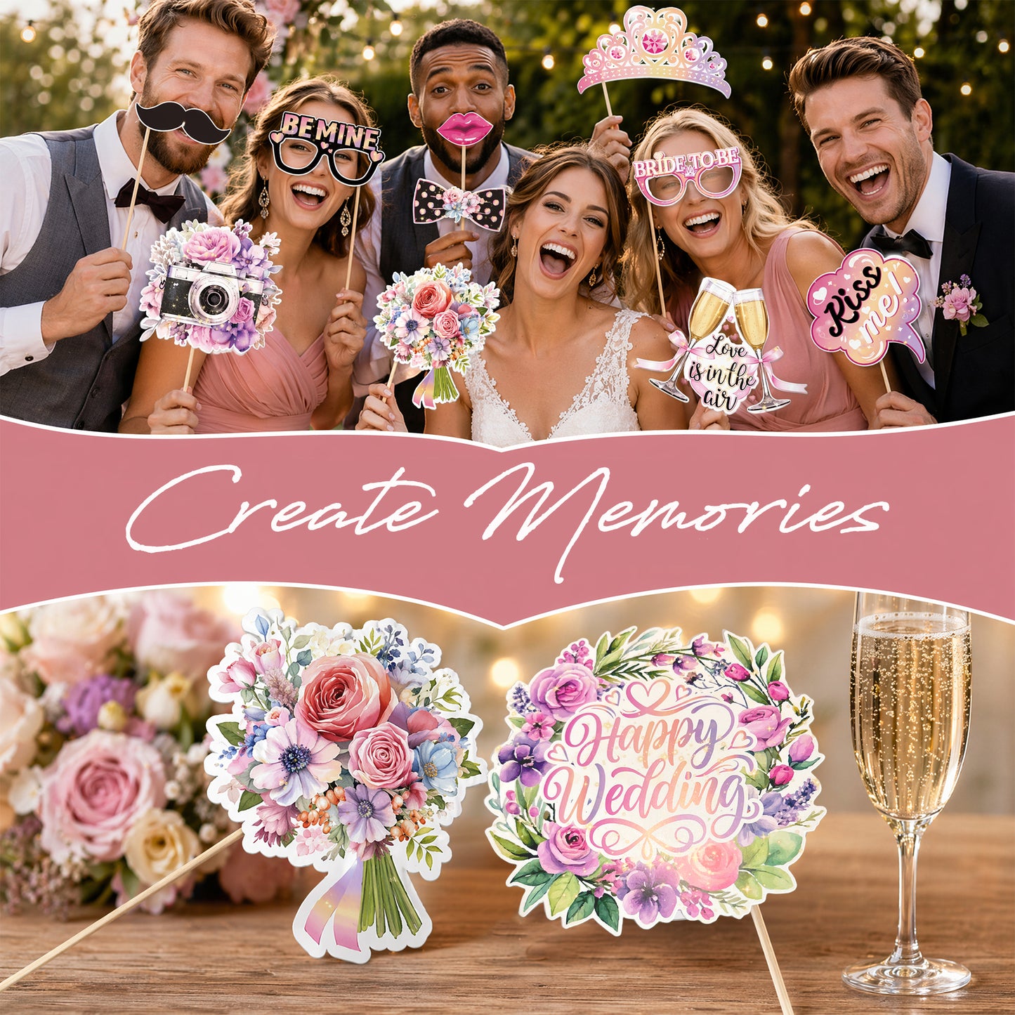 30 Pcs Wedding Photo Booth Props with Sticks, No-Glare Floral Wedding Decorations for Reception, Bridal Shower, Bachelorette Party Supplies, Engagement Photo Props Sign Kit for Guests