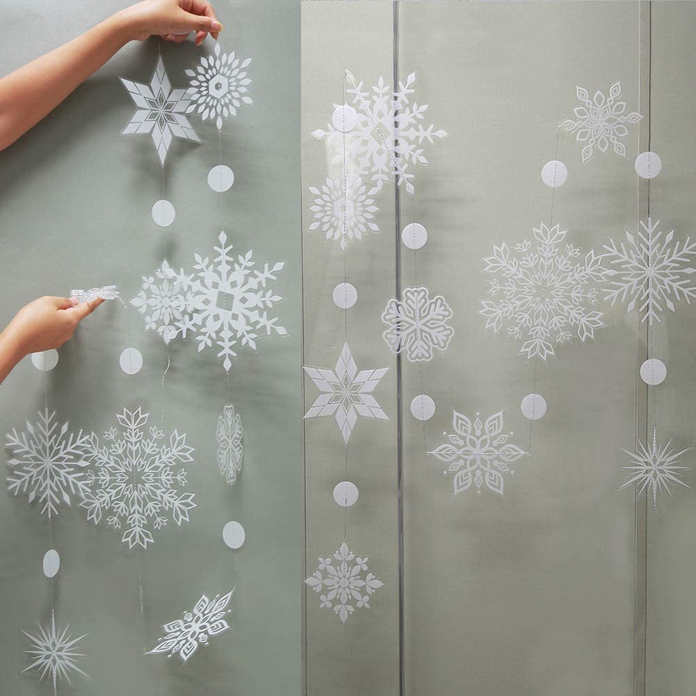 Transparent White Large Snowflake Garland Streamers for Frozen Birthday Baby Shower Party, Winter Wonderland White Snowflake Banner kit Hanging Snow Flakes for Christmas New Year Party Decoration