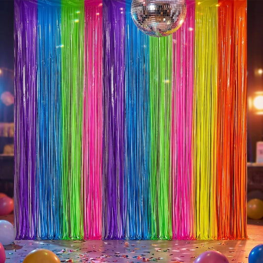 4 Pack Glow Party Decorations Neon Rainbow Foil Fringe Curtain Backdrop