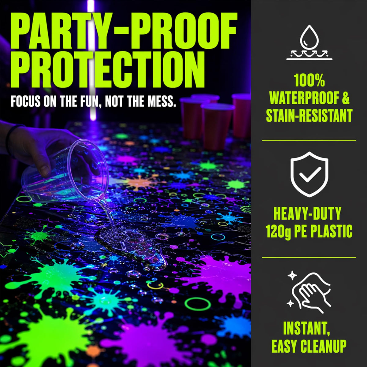 2 Pack Neon Paint Splatter Glow in the Dark Plastic Tablecloth 54x108 Inch