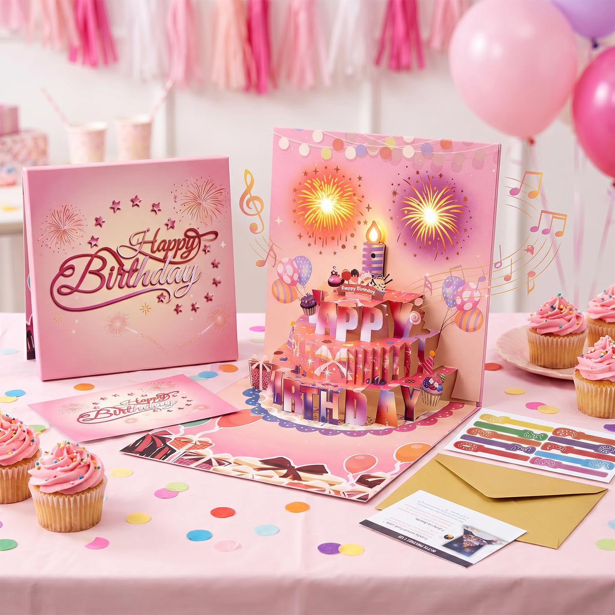 3D Pop Up Musical Birthday Card with Blow Out Candle and LED Firework Lights -Customizable Age Numbers (0-9), Envelope and Note Card, 7 x 7 Inches, Perfect for Women, Men, Kids, Family, Friends