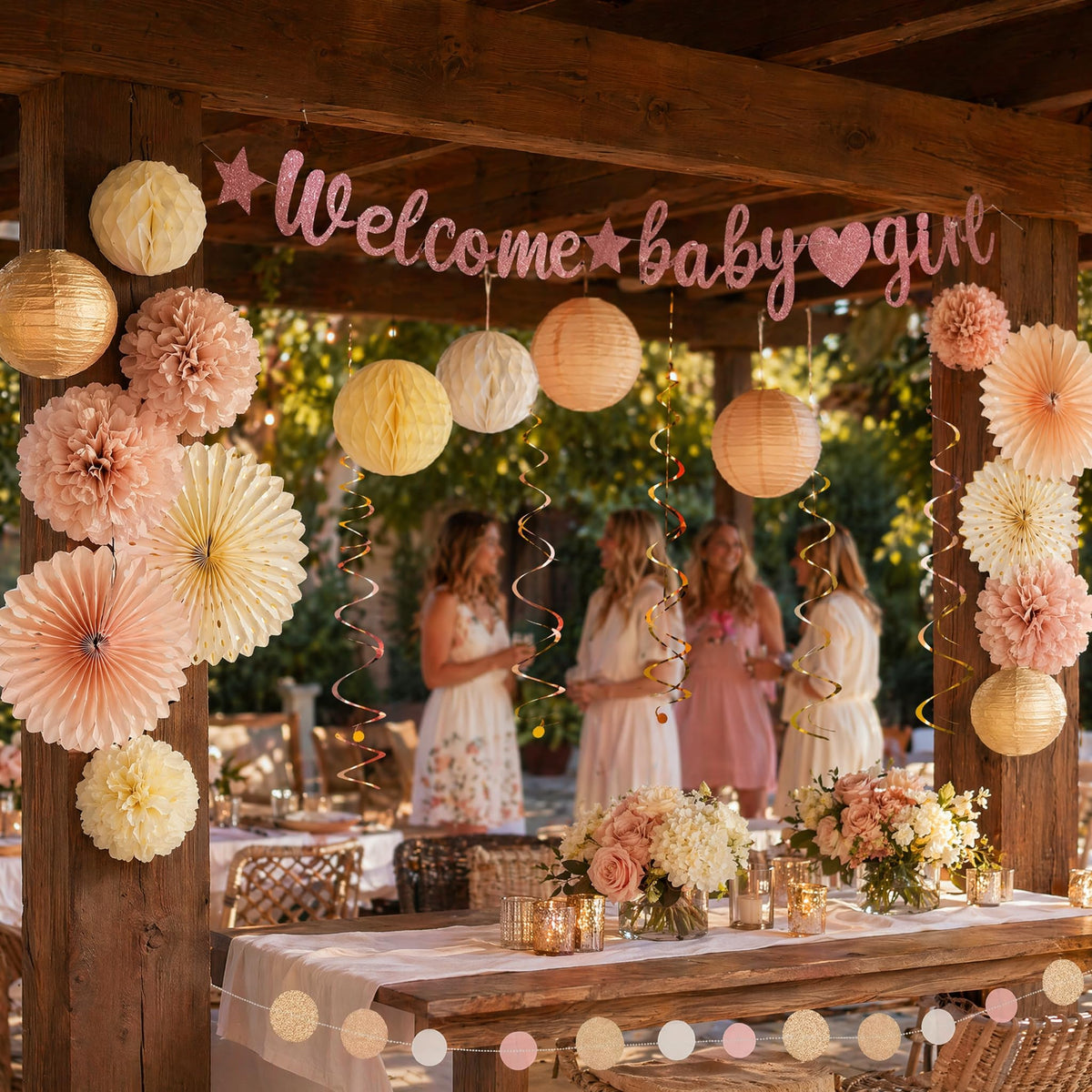 Champagne-Gold Welcome Baby Girl Party Decorations Kit-26 Piece- Glittery Banner,Peach and Cream Yellow Color Scheme Paper Decorations, Girl Baby Shower 1st Birthday Party Supplies