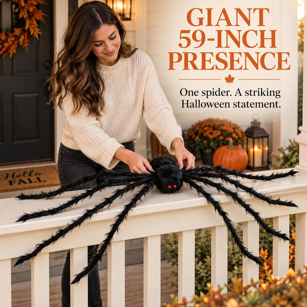 Giant Halloween Spider Black Fuzzy Red Eyes Decoration 59 Inch Posable Legs