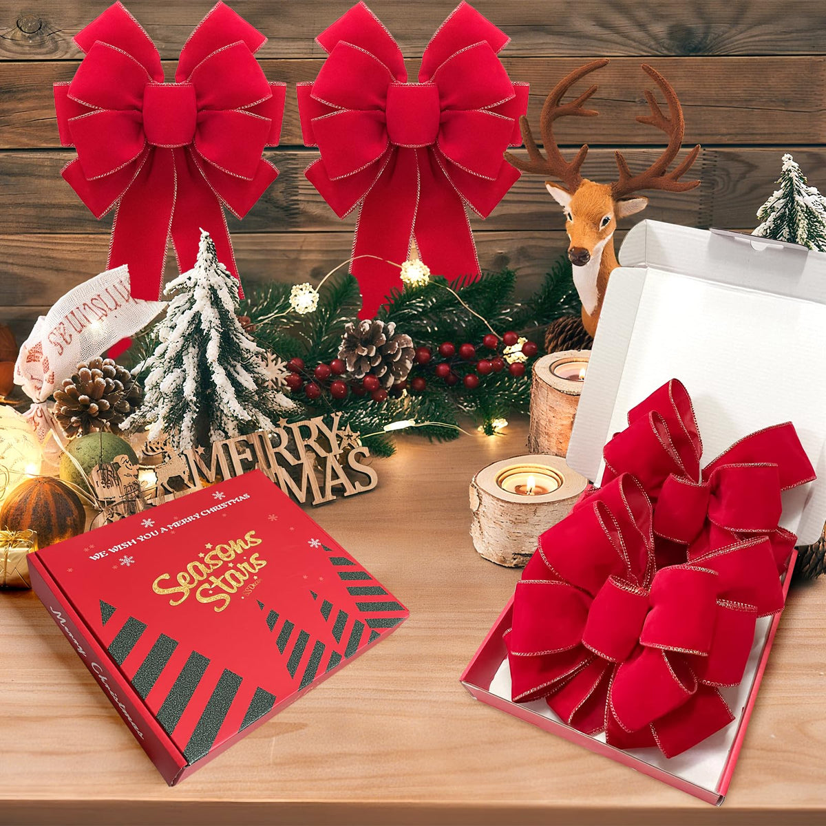 2pcs 20-Inch Velvet Red Bows for Christmas Tree, Handmade Christmas Bow Tree Topper-Gold Wire-Fluffy Sturdy Shape-Retaining, Gift Boxed & Ready-to-Use for Wreath Floral Fireplace Outdoor Car Garden