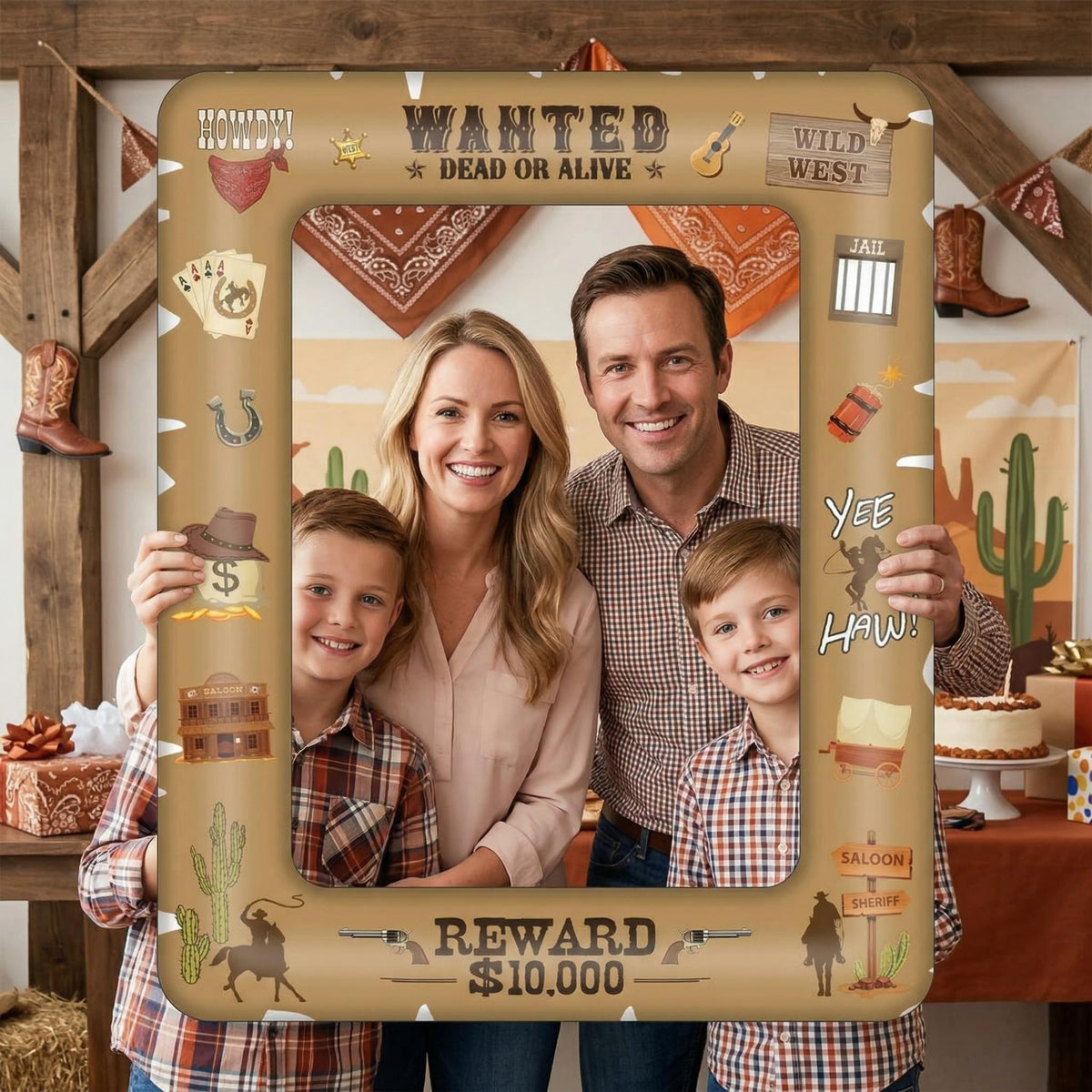 Western Cowboy Photo Booth Props 16 Pcs with Inflatable Selfie Frame, Wild West Party Decorations, Cowgirl Wanted Sign Picture Frame with Sticks for Rodeo Birthday Baby Shower Country Party