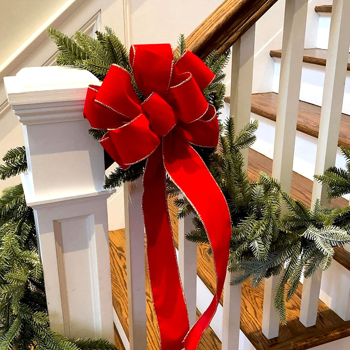 2pcs 31-Inch Velvet Red Bows for Christmas Tree, Handmade Christmas Bow Tree Topper-Gold Wire-Fluffy Sturdy Shape-Retaining, Gift Boxed & Ready-to-Use for Wreath Floral Fireplace Outdoor Car Garden