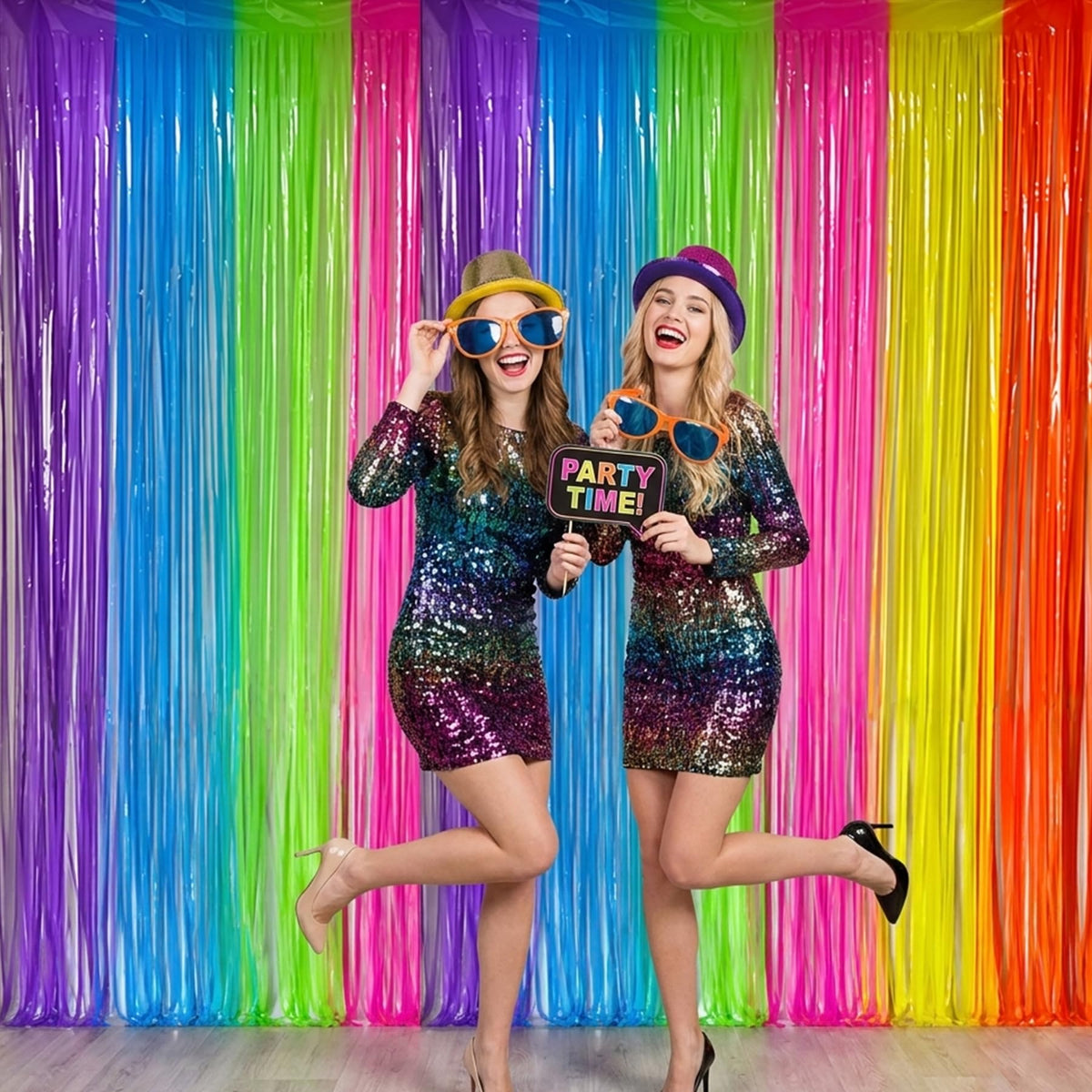 4 Pack Glow Party Decorations Neon Rainbow Foil Fringe Curtain Backdrop