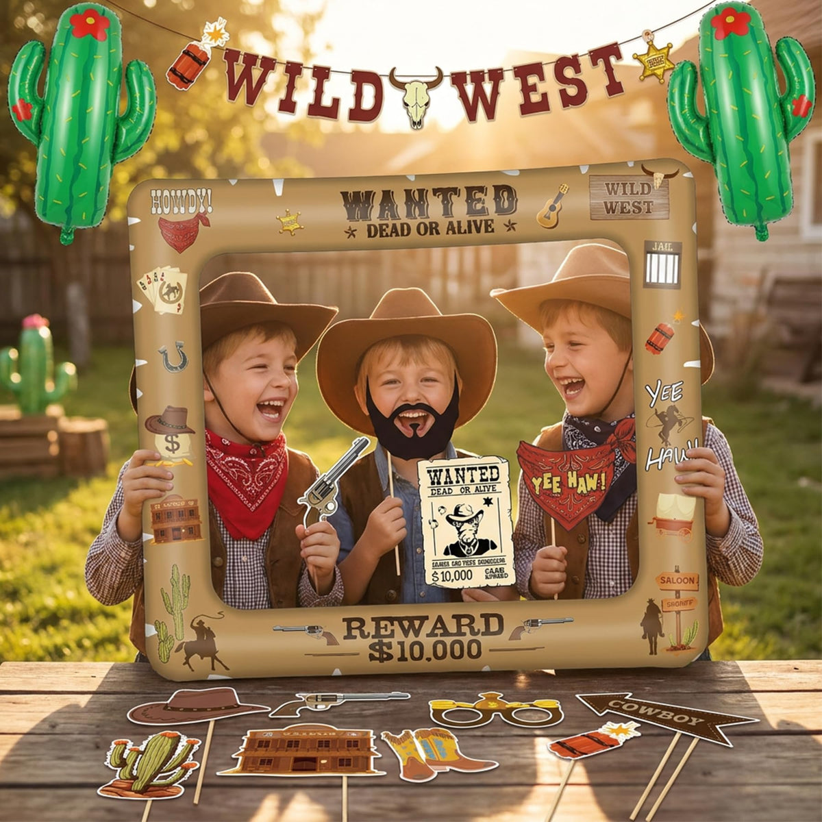 Western Cowboy Photo Booth Props 16 Pcs with Inflatable Selfie Frame, Wild West Party Decorations, Cowgirl Wanted Sign Picture Frame with Sticks for Rodeo Birthday Baby Shower Country Party
