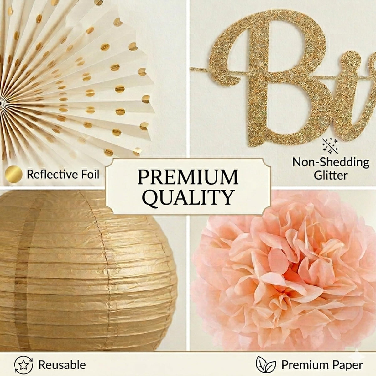 Champagne-Gold Birthday Party Decorations Kit-26 Piece- Glittery Banner,Peach and Cream Yellow Color Scheme Paper Decorations, Birthday Party Supplies for Women Girls Neutral Boho Birthday Party Decor