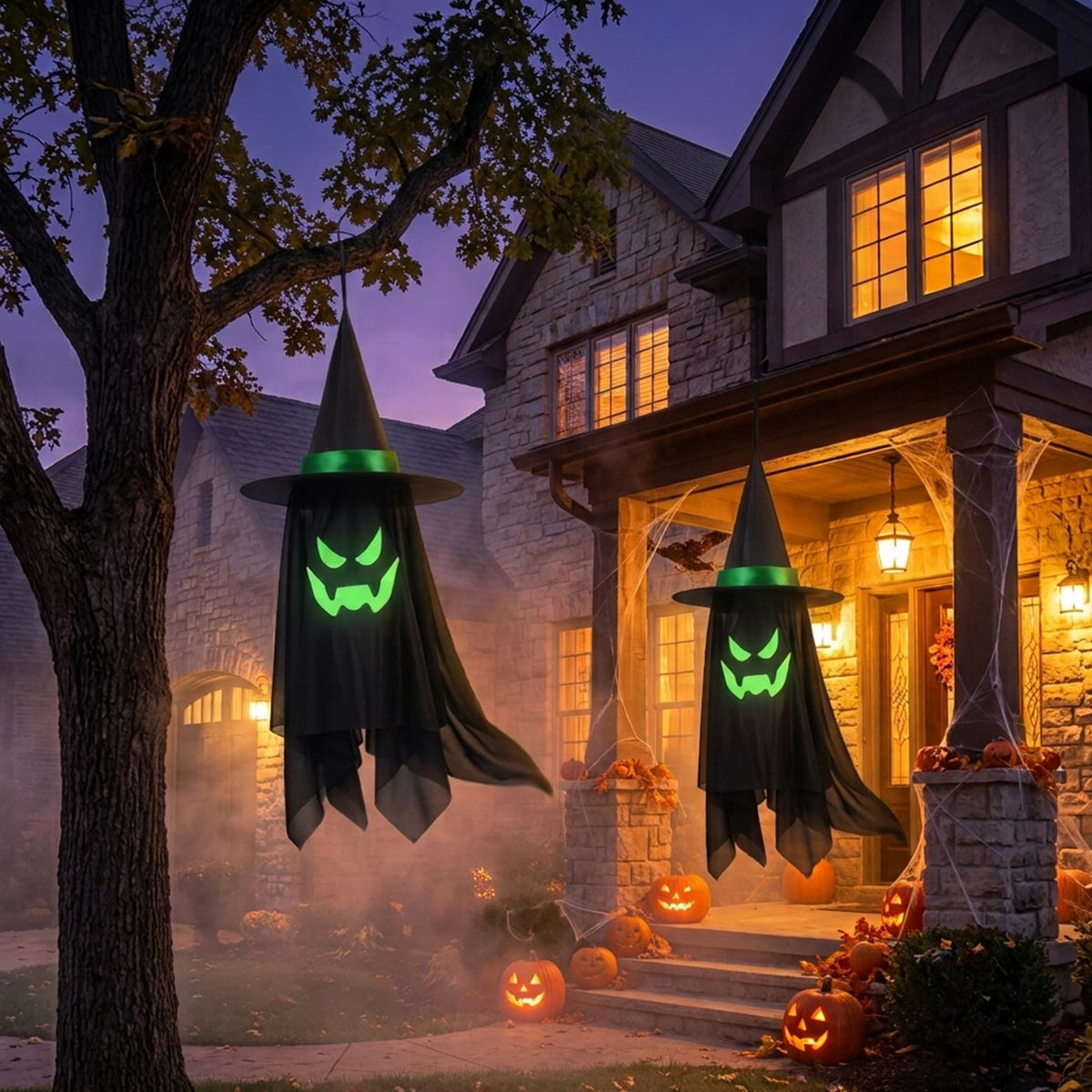 2 Pack Halloween Hanging Floating Witch Hats with Ghost Veil 15" x 38"