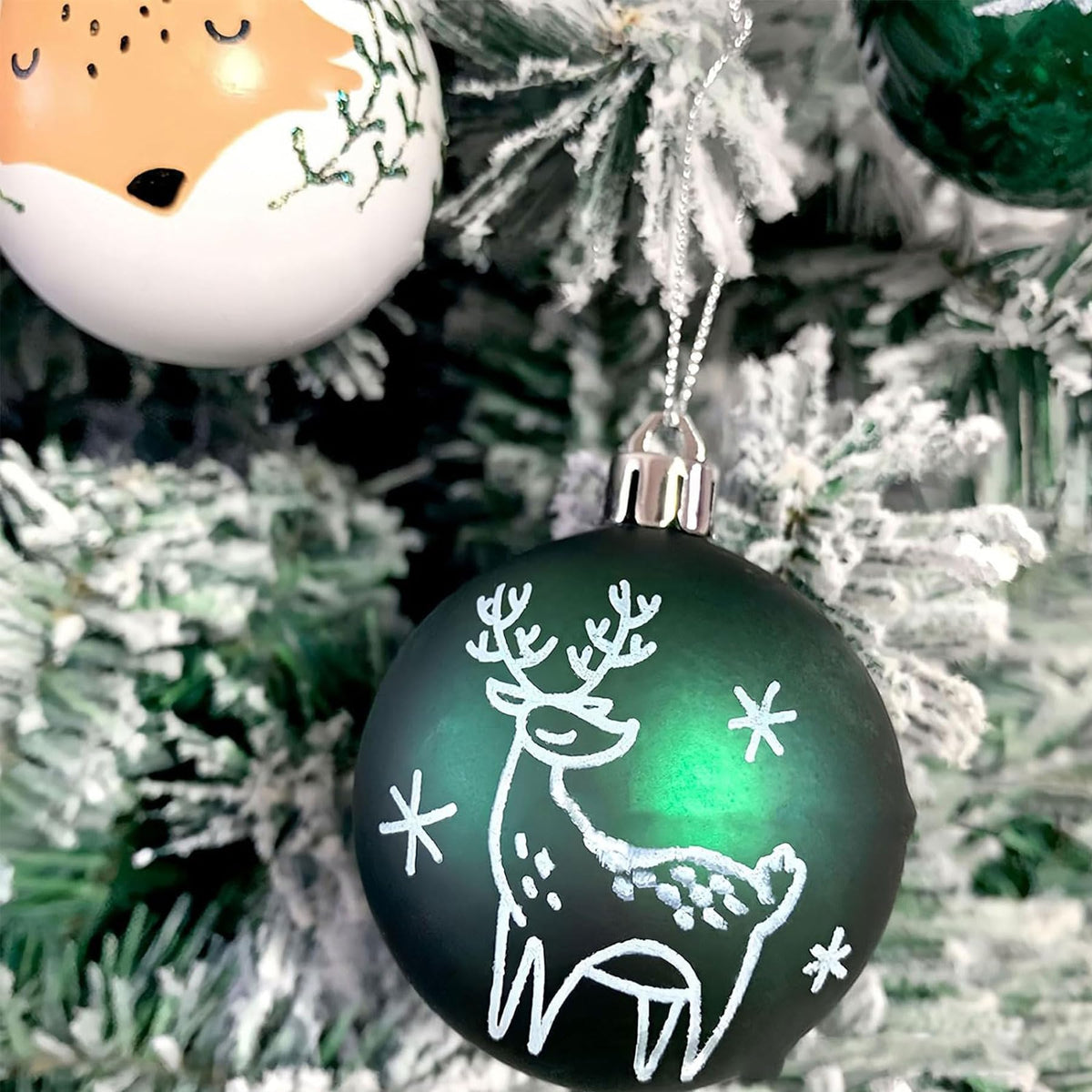 16Ct Green Christmas Ball Assorted Ornaments with Gift Boxes - 2.4" Glittery Christmas Tree Shatterproof Green Ball Decoration with Forest Theme Animals - Fox, Reindeer, Bear, Owl